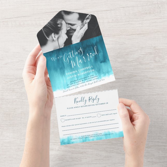 Getting married wedding photo teal aqua rsvp text all in one invitation (Tearaway)
