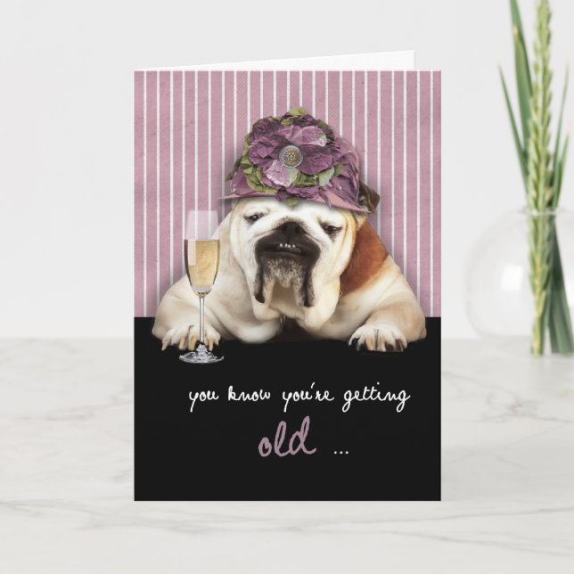 getting older, happy birthday, funny dog, pink hat card (Front)