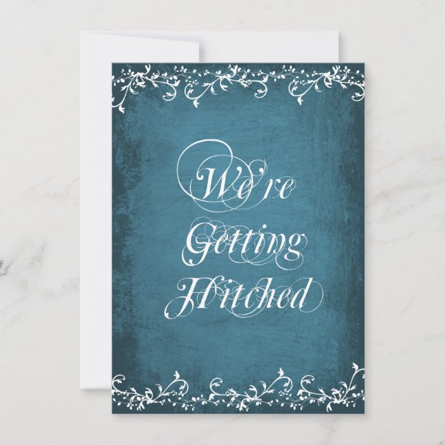 Gettting Hitched Rustic Blue Wedding Invitations (Front)
