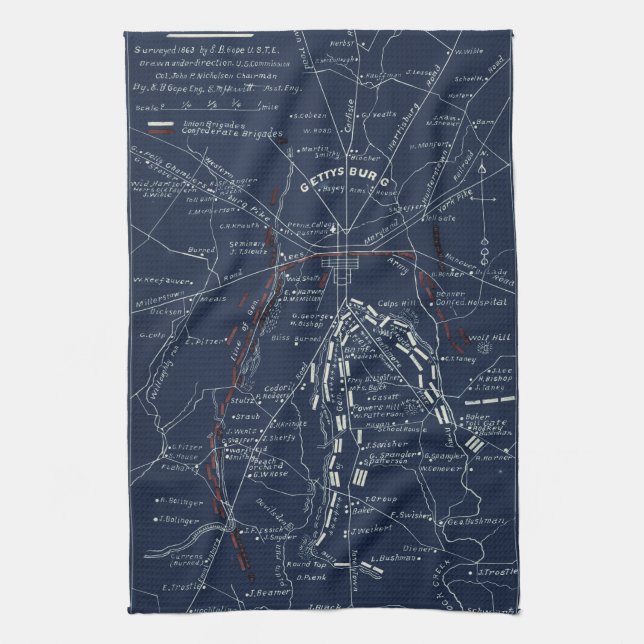 Gettysburg Battlefield Civil War Map (1863) Tea Towel (Vertical)