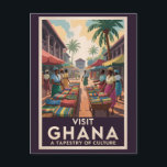 Ghana Market Illustration Travel Art Vintage Postcard<br><div class="desc">Ghana retro vector travel design. Ghana offers a rich cultural heritage,  historic landmarks,  and diverse natural beauty,  from the bustling streets of Accra to the canopy walkways of Kakum and historic forts of Cape Coast.</div>