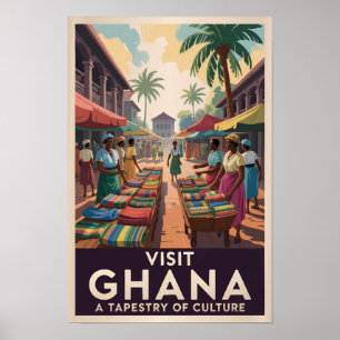 Ghana Market Illustration Travel Art Vintage Poster