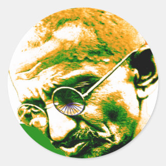 Ghandi in orange green and white with flag classic round sticker