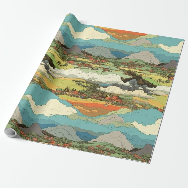 Ghibli World - Clouds and Mountains Wrapping Paper (Unrolled)