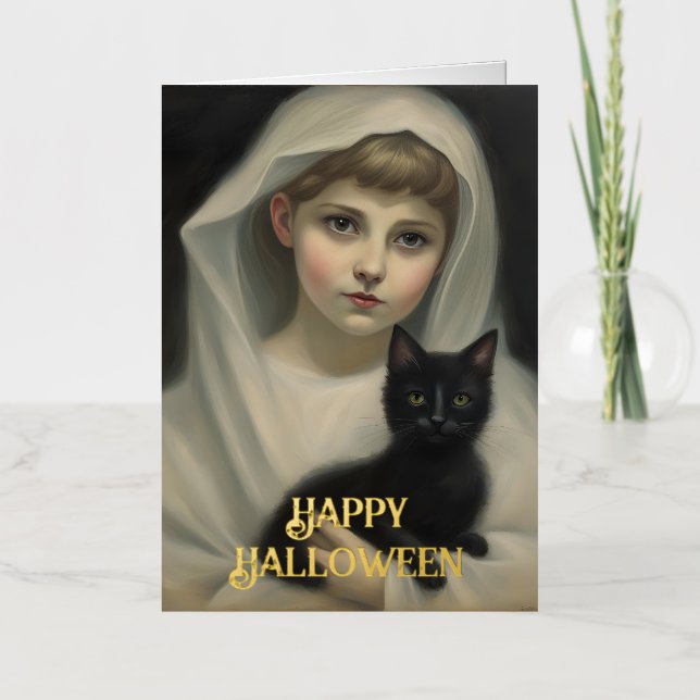 Ghost and a Black Cat Halloween Foil Greeting Card (Front)