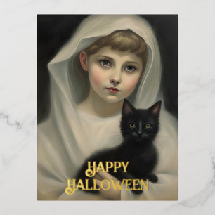 Ghost and a Black Cat Halloween Foil Holiday Postcard