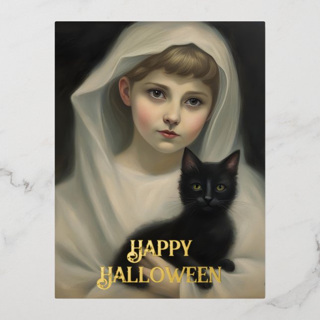 Ghost and a Black Cat Halloween Foil Holiday Postcard (Front)