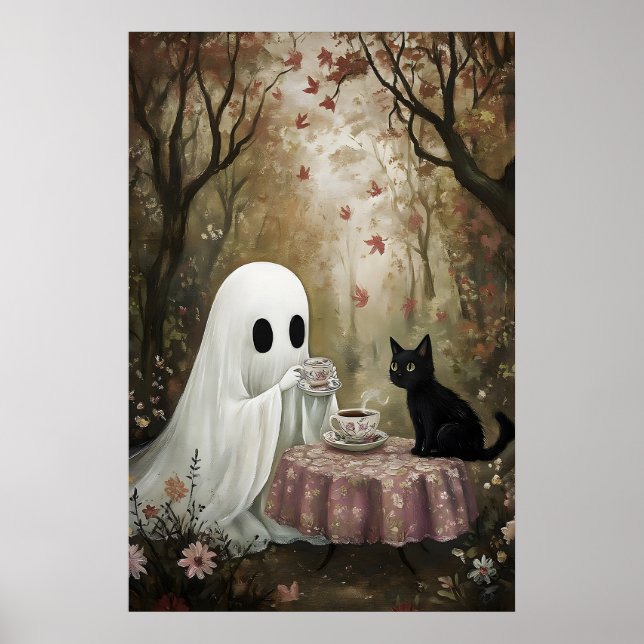 Ghost and black cat are drinking tea in autumn poster (Front)