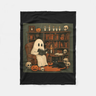 Ghost And Black Cat Cosy Halloween Reading Scene Fleece Blanket