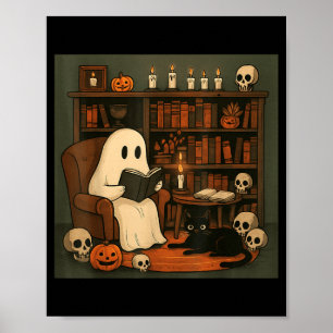 Ghost And Black Cat Cosy Halloween Reading Scene Poster