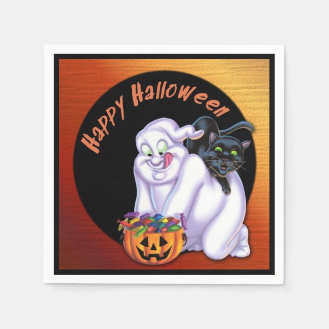 Ghost and Black Cat Halloween Napkins (Front)