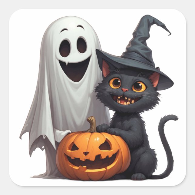 Ghost And Black Cat Halloween Party 👻 Square Sticker (Front)