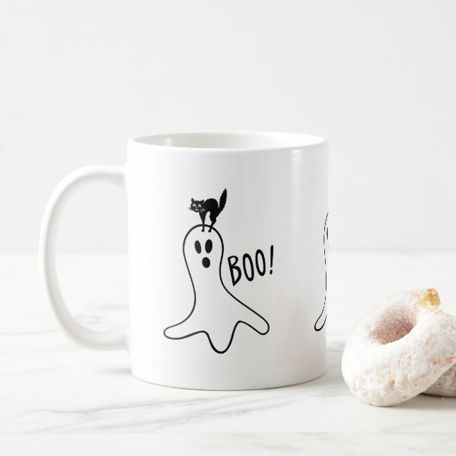 Ghost and Black Cat Halloween Spooky Cute Coffee Mug (With Donut)