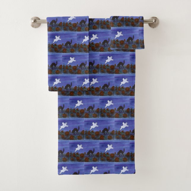 Ghost and Black Cat in the Pumpkin Patch Bath Towel Set (Insitu)
