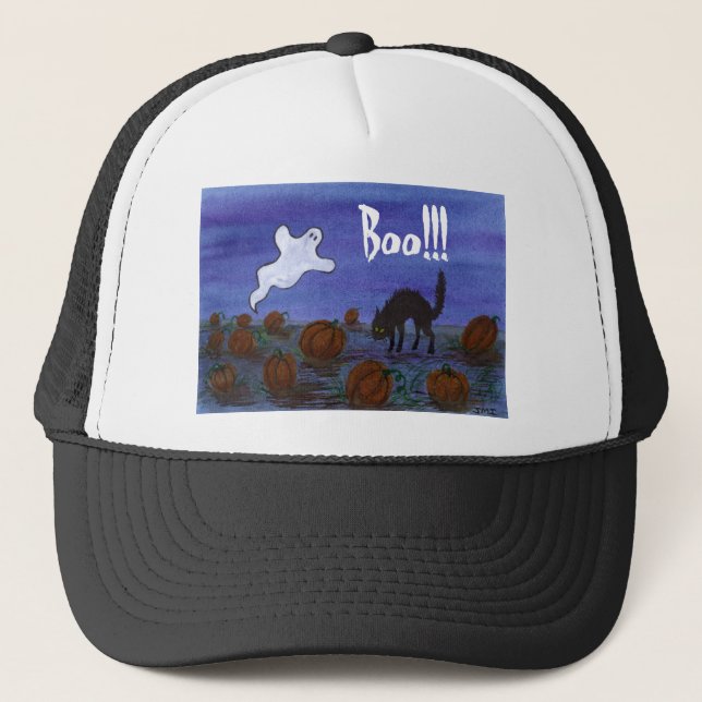 Ghost and Black Cat in the Pumpkin Patch Halloween Trucker Hat (Front)
