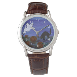 Ghost and Black Cat in the Pumpkin Patch Halloween Watch