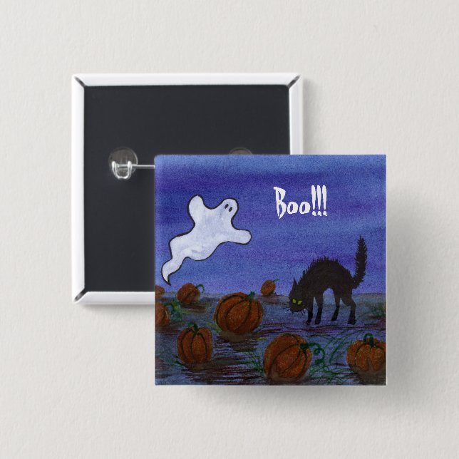 Ghost and Black Cat Pumpkin Patch 15 Cm Square Badge (Front & Back)