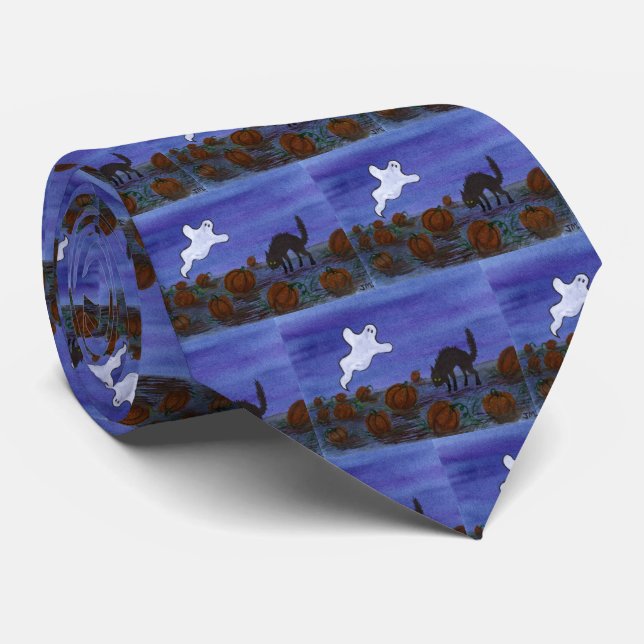Ghost and Black Cat Pumpkin Patch Tie (Rolled)