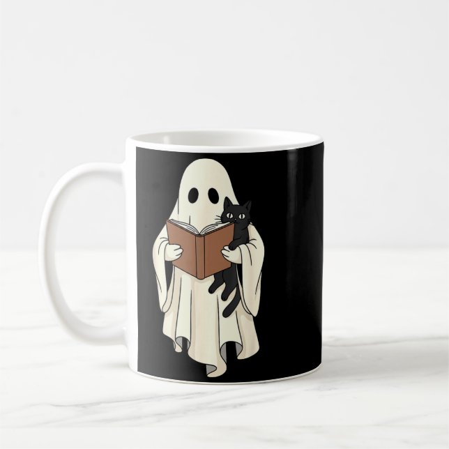 Ghost And Black Cat Reading Halloween Coffee Mug (Left)