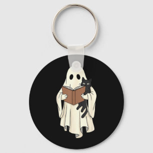 Ghost And Black Cat Reading Halloween Key Ring