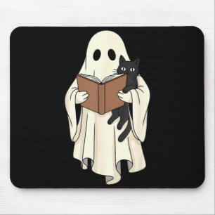 Ghost And Black Cat Reading Halloween Mouse Mat