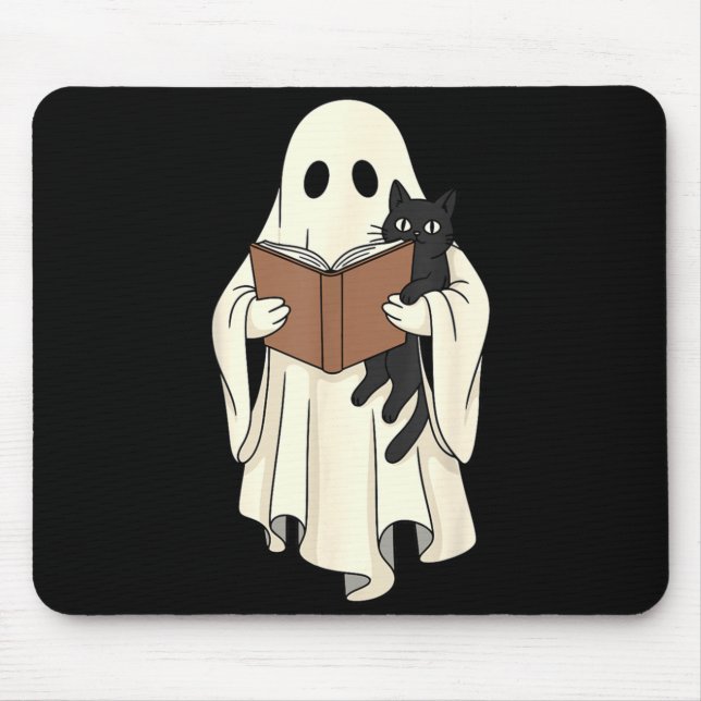 Ghost And Black Cat Reading Halloween Mouse Mat (Front)