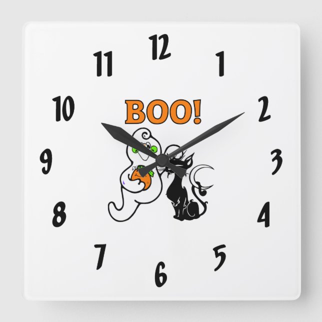 Ghost and Black Cat Square Wall Clock (Front)