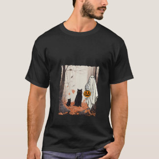 Ghost And Cats In Forest Fall Autumn Halloween Cos T-Shirt