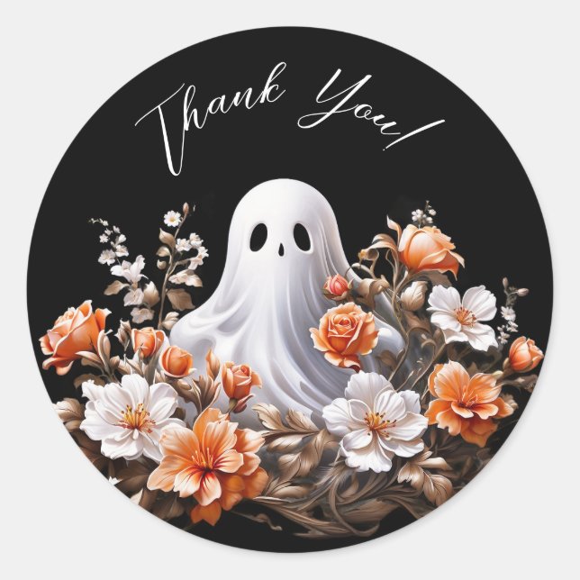 Ghost and Flowers Halloween Thank You Stickers (Front)