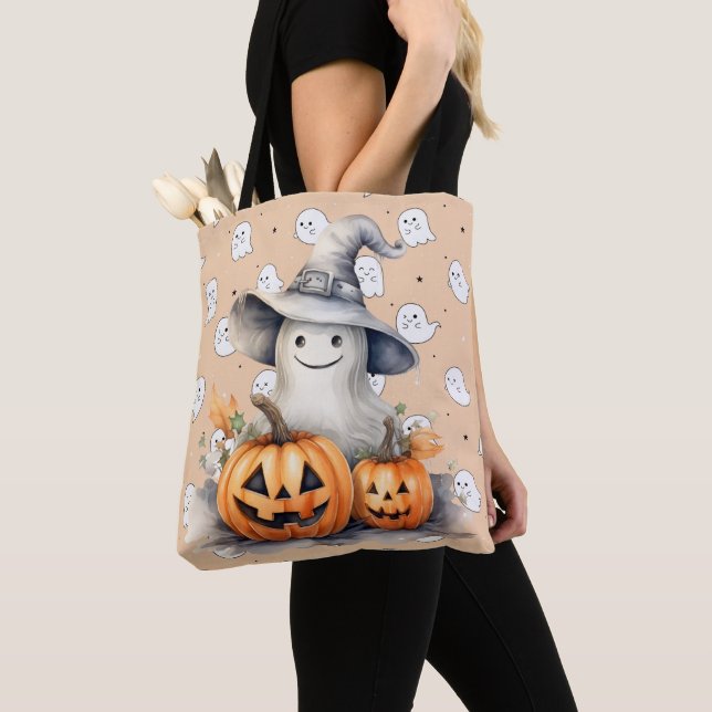 Ghost and Jack-O' Lanterns Light Orange Halloween Tote Bag (Close Up)