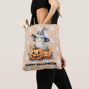 Ghost and Jack-O' Lanterns Light Orange Halloween Tote Bag