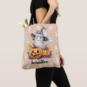 Ghost and Jack-O' Lanterns Light Orange Halloween Tote Bag