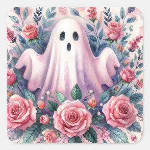 Ghost and Pink Roses Pinkoween Square Sticker
