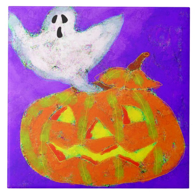Ghost and Pumpkin Abstract Halloween Art Tile (Front)