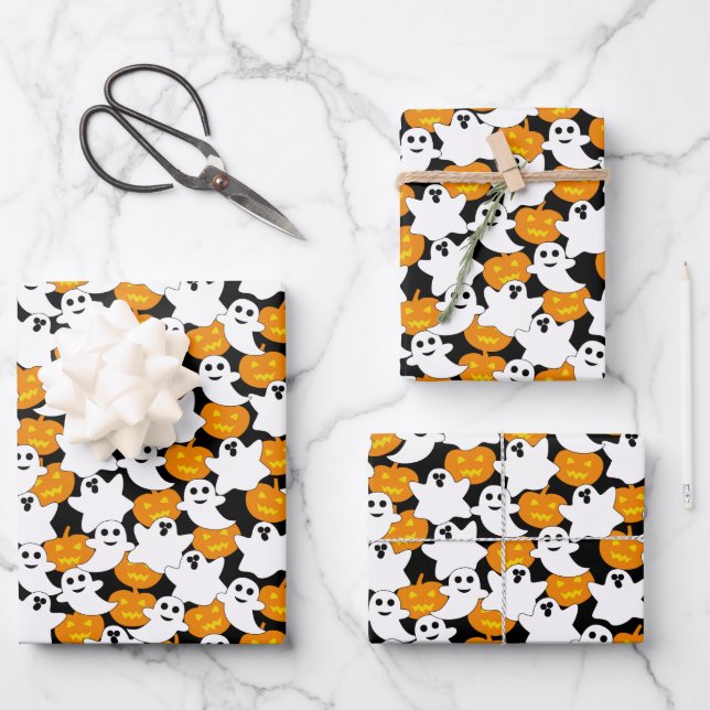 Ghost and Pumpkin Halloween Pattern Wrapping Paper Sheet (Front)