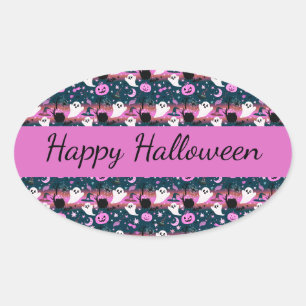 Ghost and Pumpkin Pink and Blue Pattern Oval Sticker
