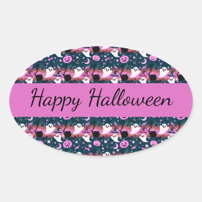 Ghost and Pumpkin Pink and Blue Pattern Oval Sticker (Front)