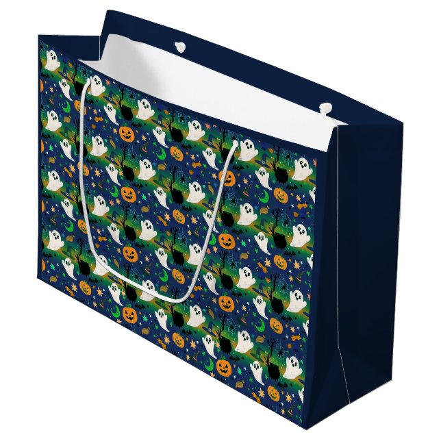 Ghost and Pumpkins, Blue with Green Pattern Large Gift Bag (Front Angled)