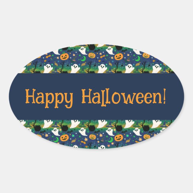 Ghost and Pumpkins, Blue with Green Pattern Oval Sticker (Front)