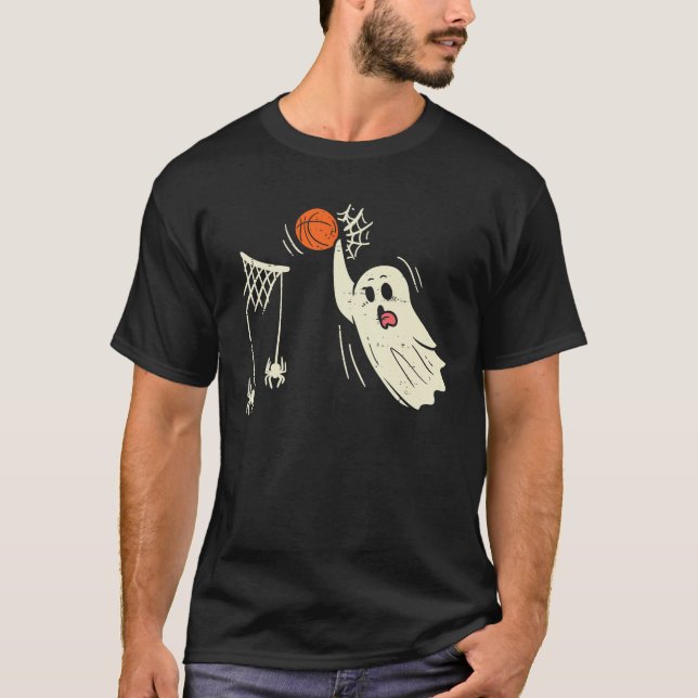 Ghost Basketball Dunk Spider Web Ring Halloween T-Shirt (Front)