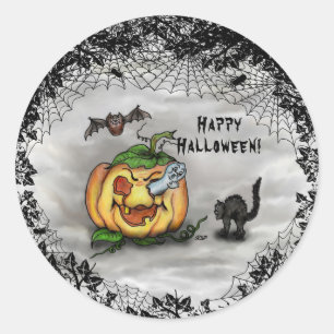 Ghost, Bat and Cat, Happy Halloween! Classic Round Sticker