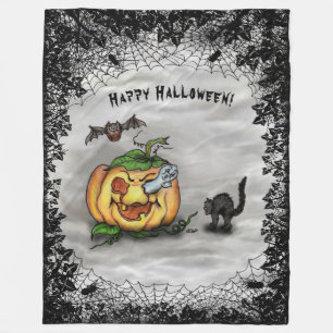 Ghost, Bat and Cat, Happy Halloween! Fleece Blanket