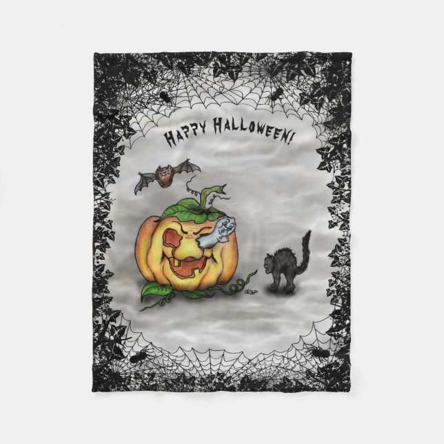 Ghost, Bat and Cat, Happy Halloween! Fleece Blanket (Front)