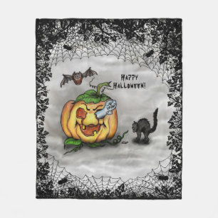 Ghost, Bat and Cat, Happy Halloween! Fleece Blanket