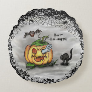 Ghost, Bat and Cat, Happy Halloween! Round Cushion