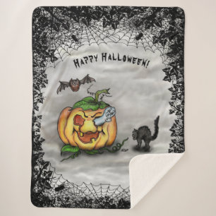 Ghost, Bat and Cat, Happy Halloween! Sherpa Blanket
