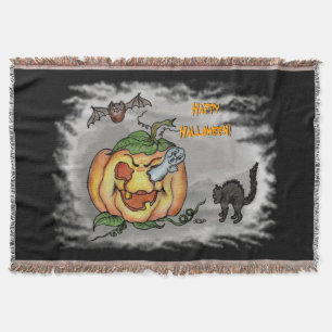 Ghost, Bat and Cat, Happy Halloween! Throw Blanket