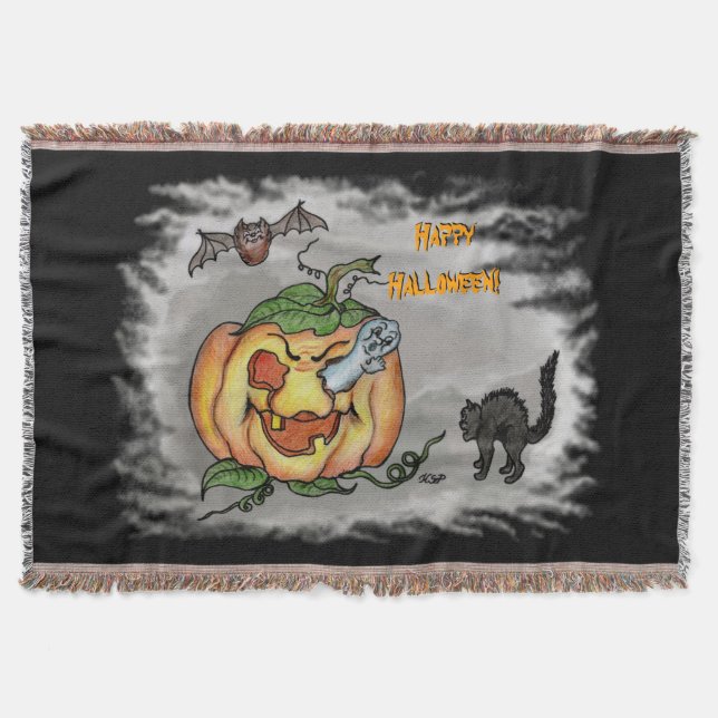 Ghost, Bat and Cat, Happy Halloween! Throw Blanket (Front)