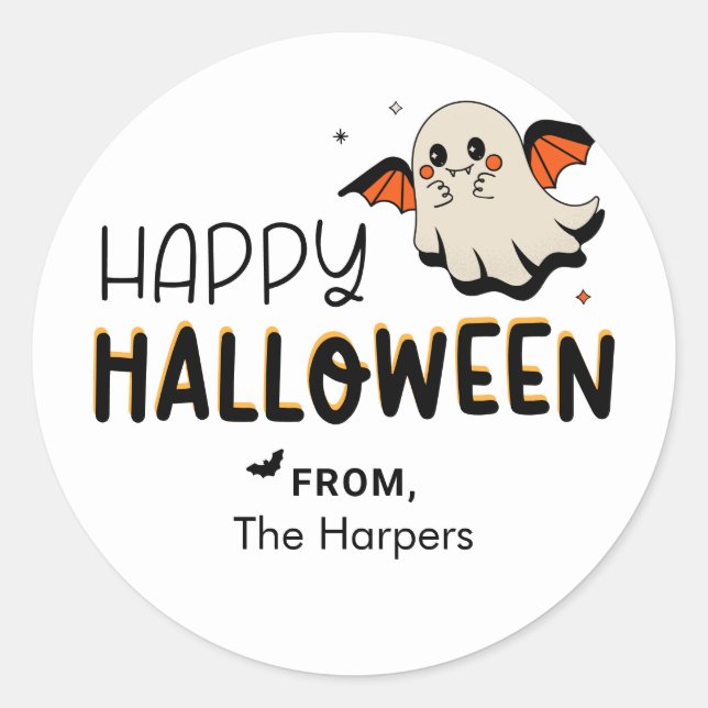 Ghost Bat Happy Halloween Classic Round Sticker (Front)