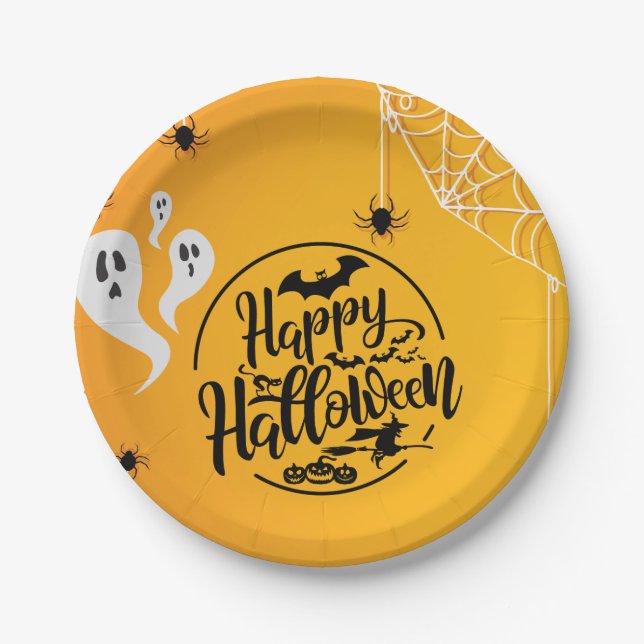 GHOST BAT SPIDER WEB ILLUSTRATION HALLOWEEN PAPER PLATE (Front)